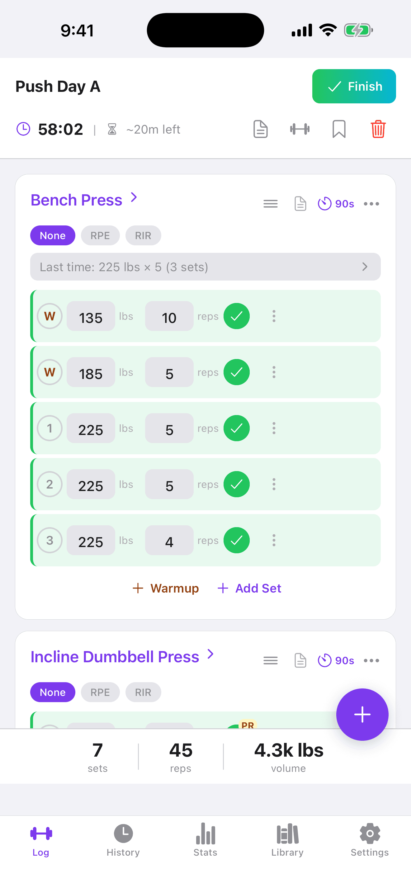 Reptor active workout screen showing an in-progress lift with auto-calculated weight and reps